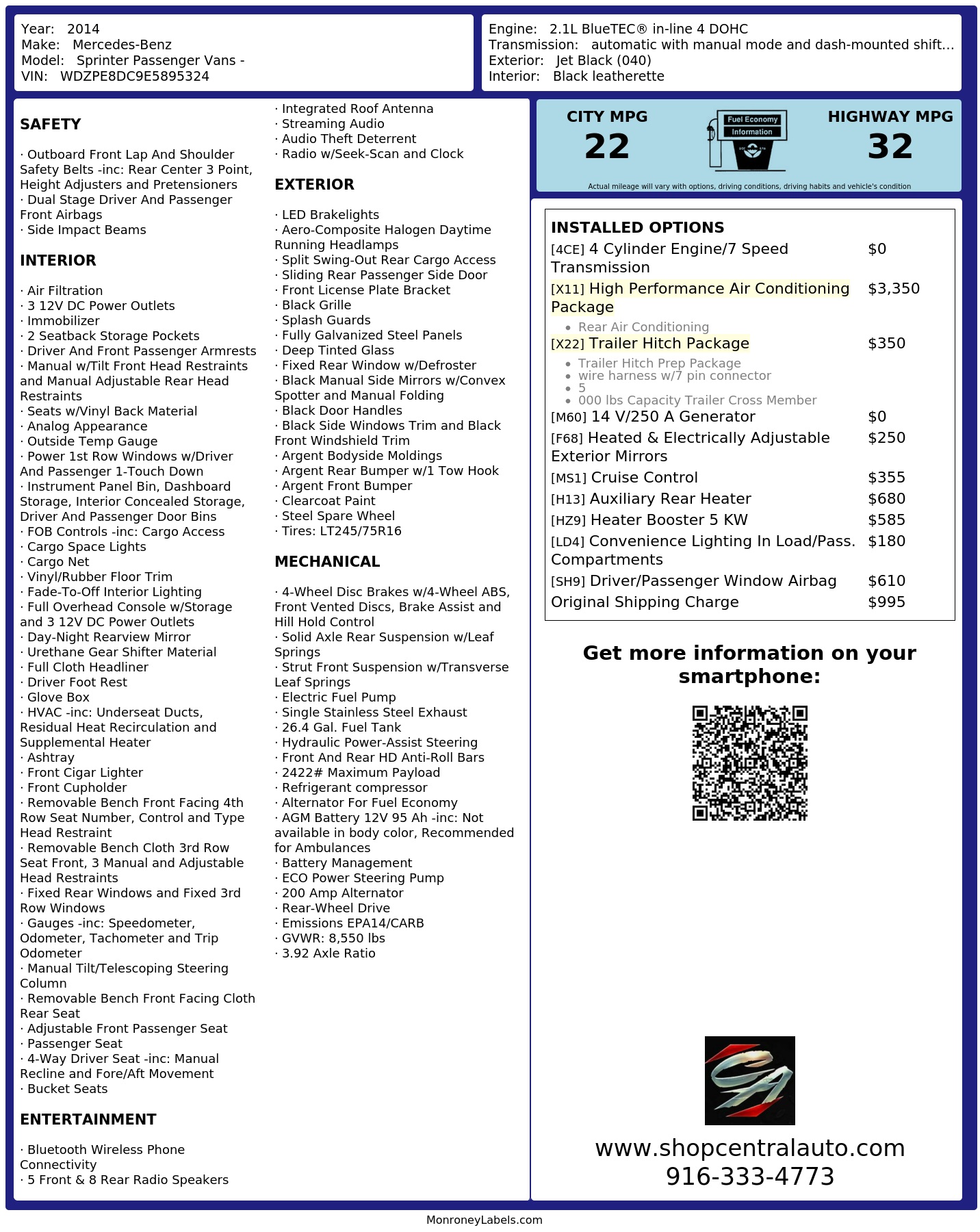 Passsenger Window Sticker Window Sticker for 2014 Mercedes Benz Sprinter Passenger Vans